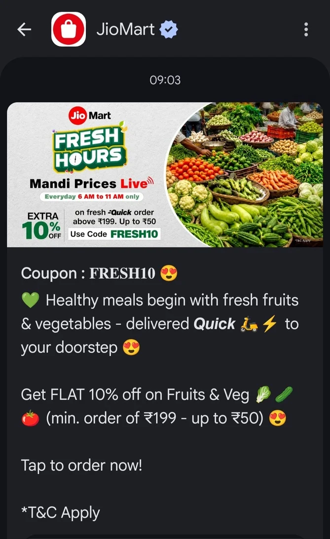 JioMart Fresh Hours – 10% OFF on Fruits & Vegetables upto ₹50