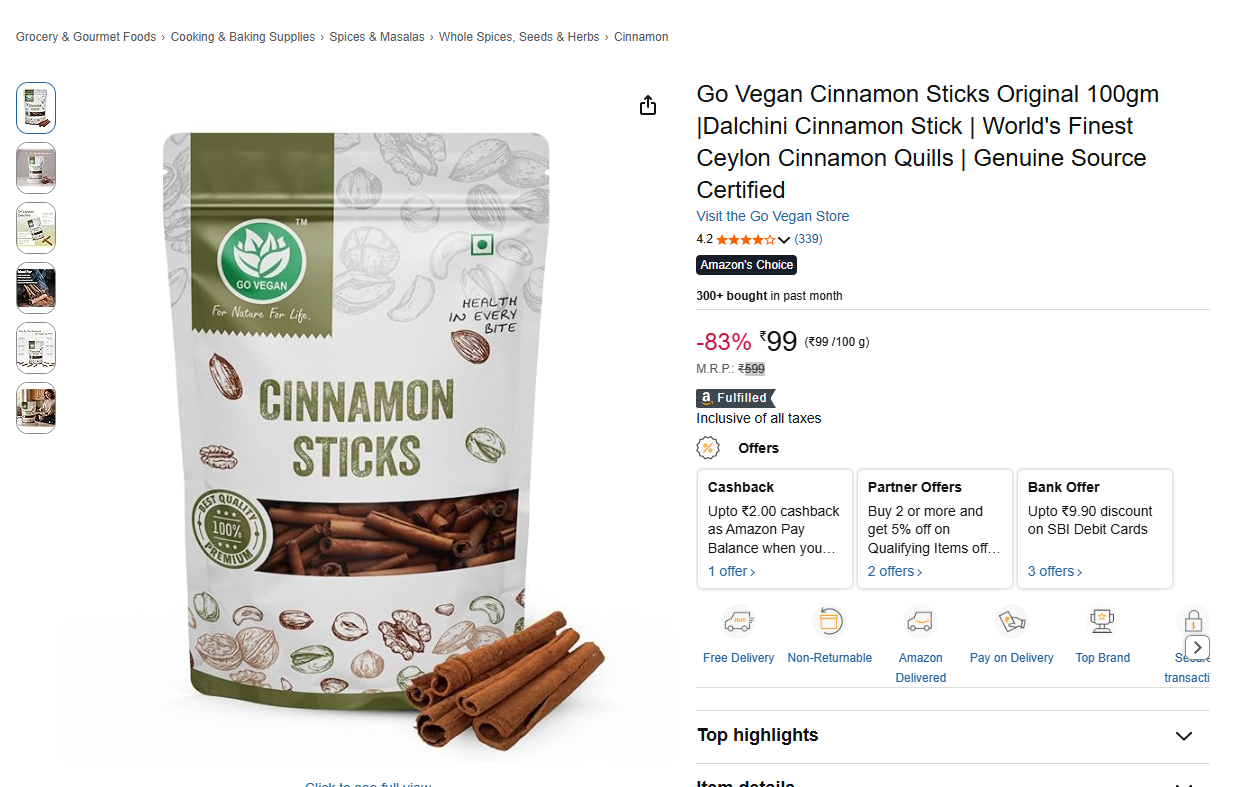 Go Vegan Cinnamon Sticks Original 100gm