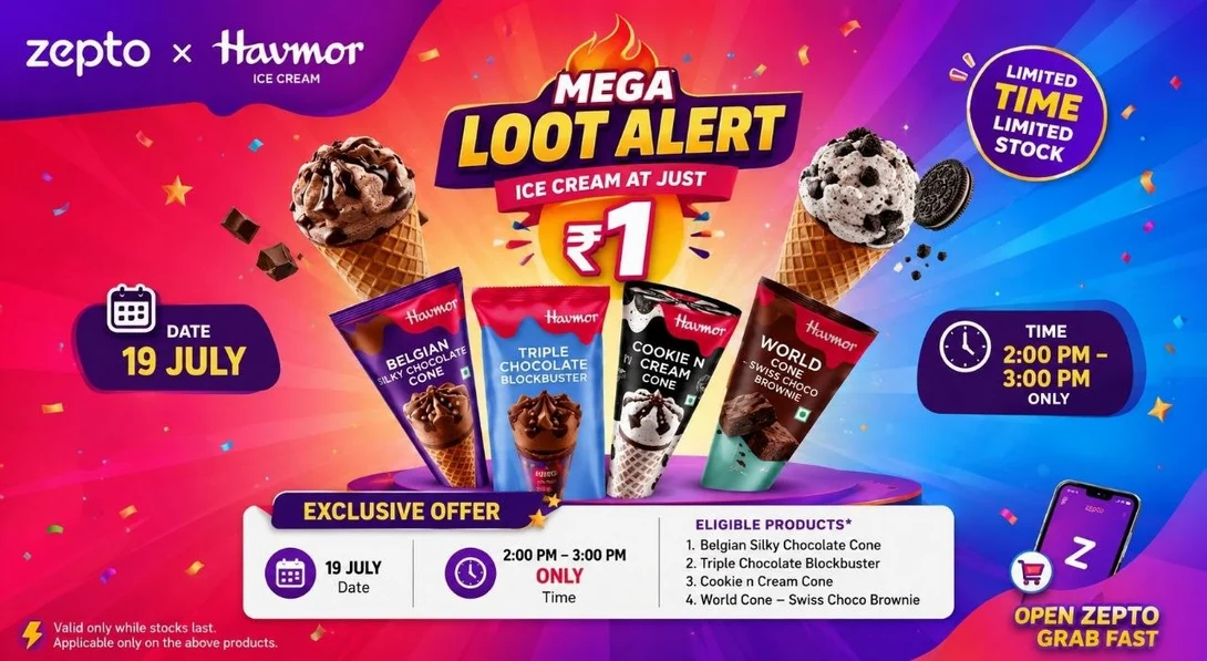 Zepto x Havmor Ice Creams @ ₹1 Only  | Today 2 PM–3 PM 