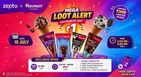 Zepto x Havmor Ice Creams @ ₹1 Only  | Today 2 PM–3 PM 