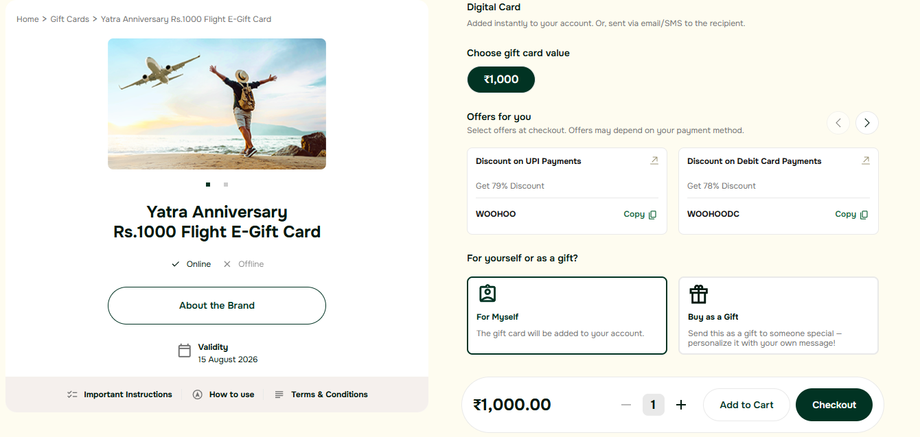 Woohoo Yatra Flight Voucher ₹1000 at 79% Off using UPI , Debit and Credit Cards